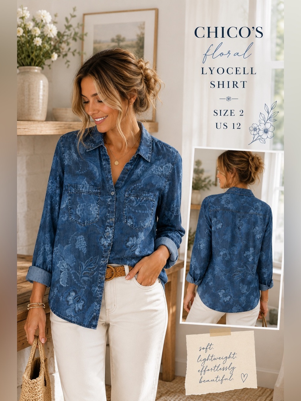 Chico’s Floral Lyocell Button Up Shirt Women’s Size 2 US 12 Blue Tencel Chambray